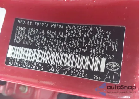 2014 Toyota Corolla Le from USA, damaged, VIN 2T1BURHE6EC109075